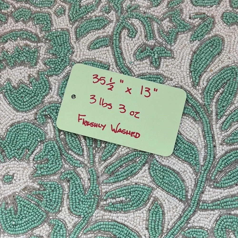 Jaipur in Bloom Beaded Table Runner Centerpiece 13 x 36 Aqua White Silver Floral